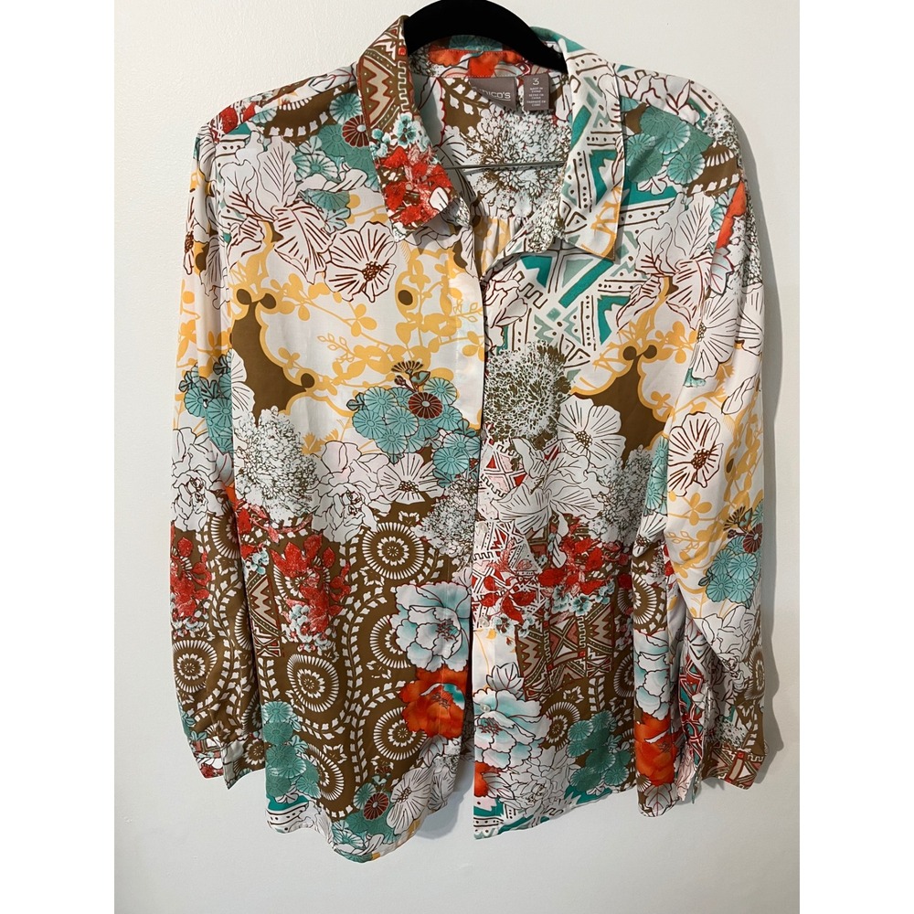Chicos Womens Patchwork Floral Geometric Button Down Blouse Top Size 3 XL Multi